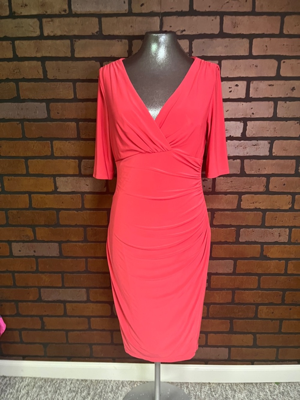 Ralph Lauren Coral Pink Faux-Wrap Midi Dress